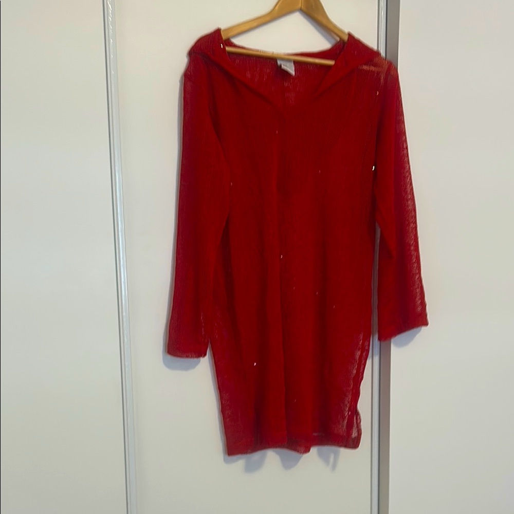 New Red Swim Sparkling Mesh long sleeves hoodie Coverup with Vibrant Color